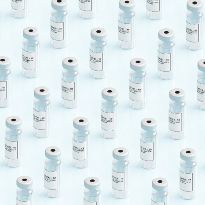 A patterned arrangement of COVID Vaccine Booster shot vials aligned on a light blue background.