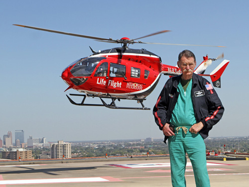 Dr. Duke in Front of Life Flight Helicopter