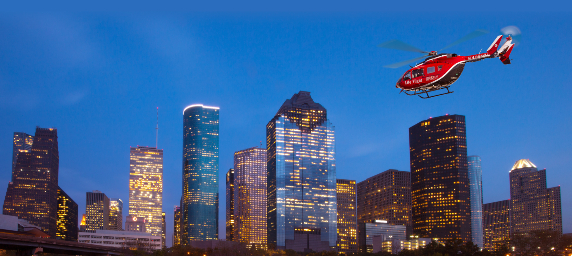 Houston Skyline featuring a Life Flight helicopter
