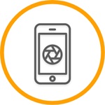 Iconography depicting the use of a camera on a phone