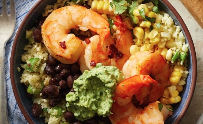 Shrimp with Avocado, beans, rice and corn